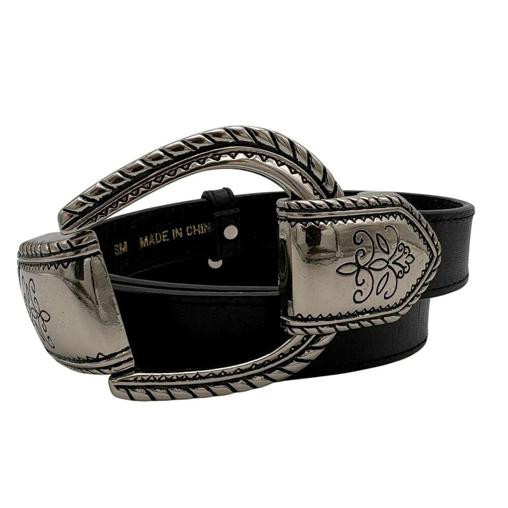 Chico’s Leather Hook Belt Black Silver Tone Western Boho Size S/M Adjustable